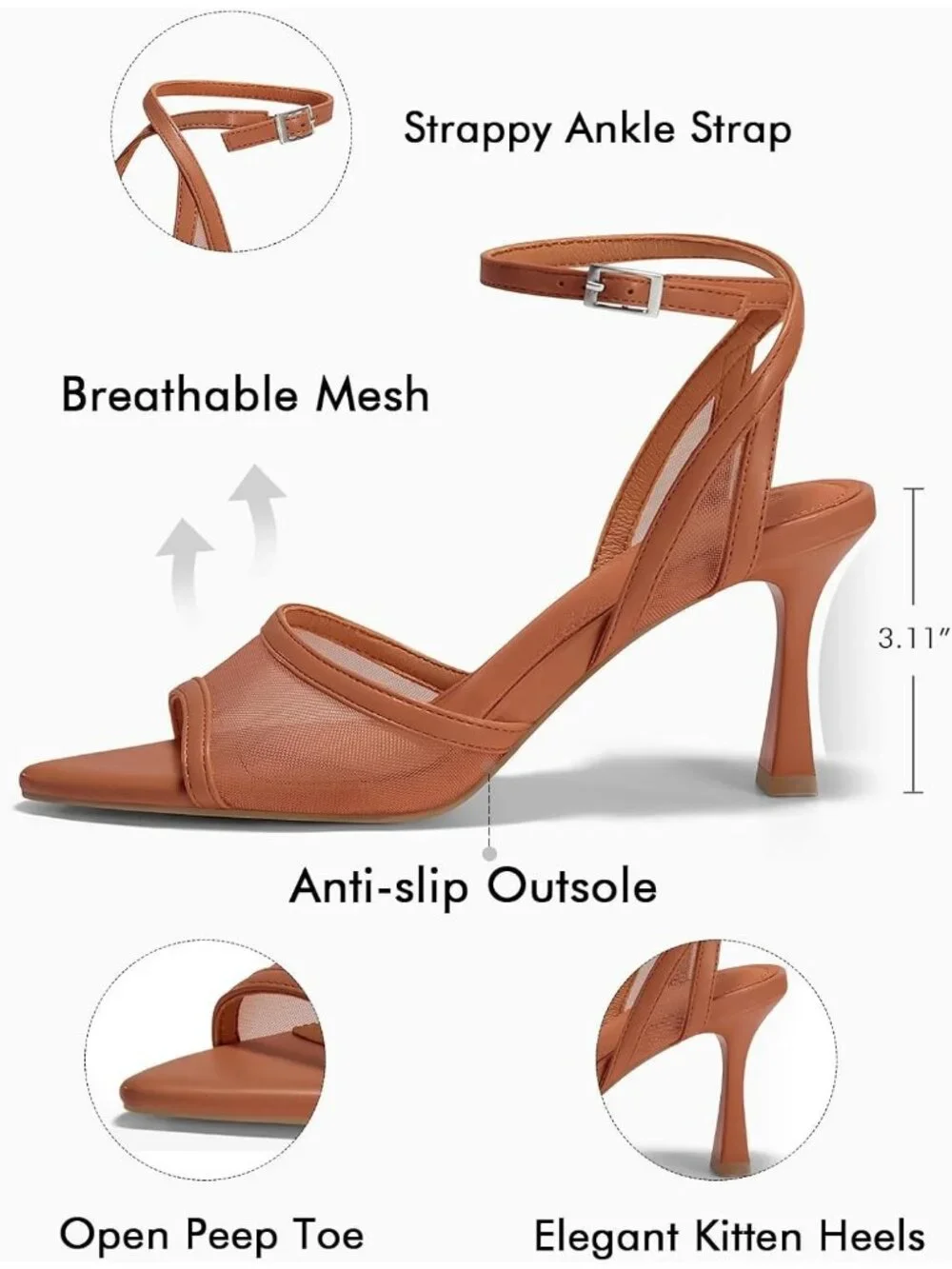Women's Mesh Brown Summer Pointed Open Toe Ankle Buckle Strap Heeled Sandals